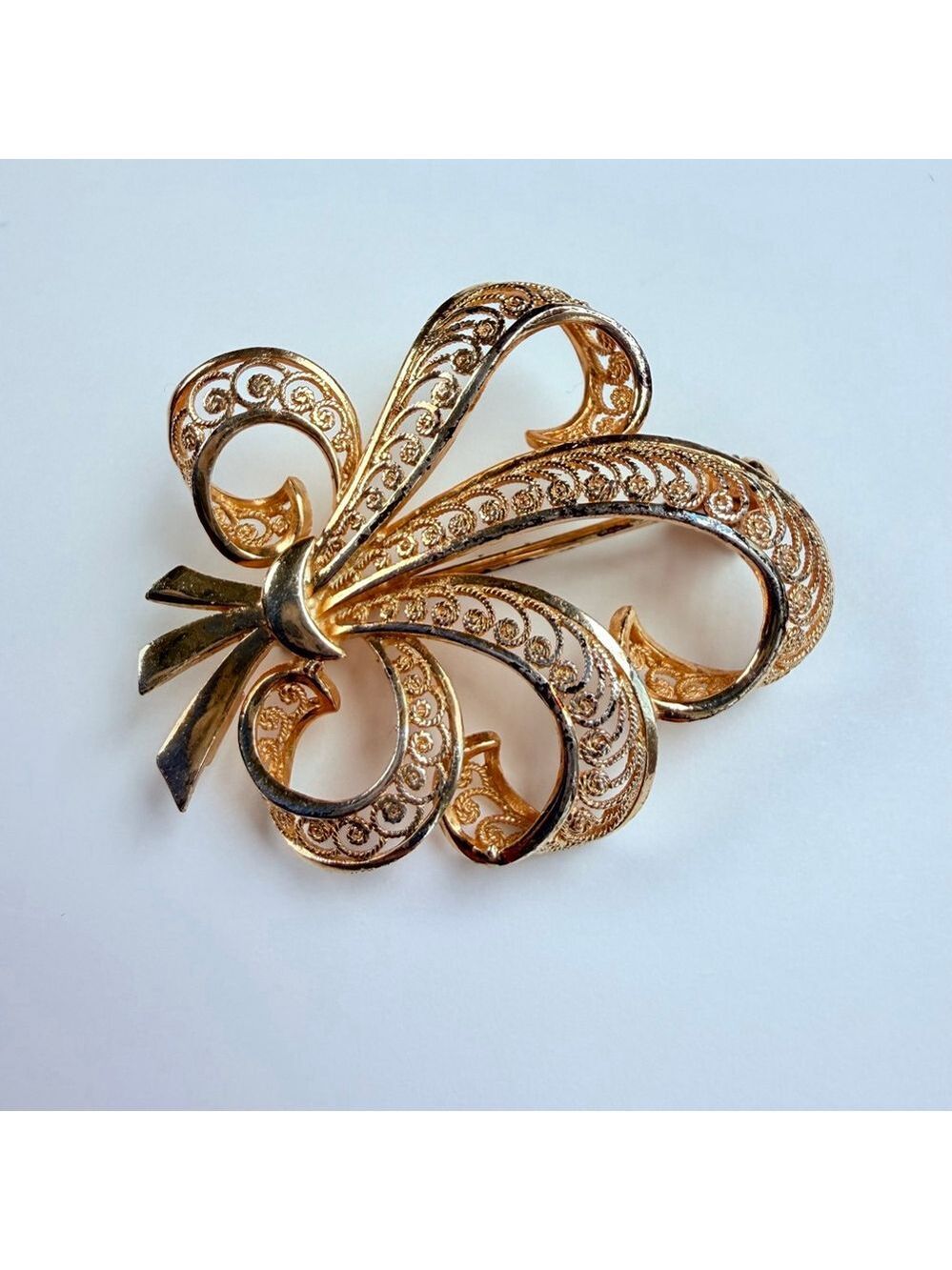Fleur De Lis Filigree Gold Vermeil Wirework Sterling Silver VTG Brooch Germany - Picture 2 of 10
